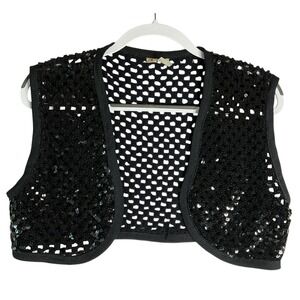 Vintage Glentex Crochet Sequin Open Crop Bolero Vest Black Y2K Punk Party Boho S